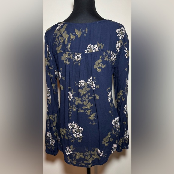 Lucky Brand Women’s Small Navy Floral Peasant Top Long Sleeve Boho Tassel Blouse - Picture 4 of 10